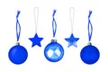 Blue ÃÂ¡hristmas tree decorations set white background isolated close up, hanging glass balls stars collection, New Year holiday Royalty Free Stock Photo