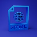 Blue HTML file document. Download html button icon isolated on blue background. HTML file symbol. Markup language symbol Royalty Free Stock Photo
