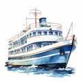 Watercolor Ferry Clipart: Blue And White Sailing Cruise Ship Illustration