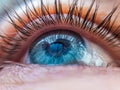 Caucasian human blue eye in a contact lens looking up close up. contact lens vision medical correction concept Royalty Free Stock Photo