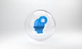 Blue Human head with leaf icon isolated on grey background. Glass circle button. 3D render illustration Royalty Free Stock Photo