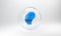 Blue Human head with leaf inside icon isolated on grey background. Glass circle button. 3D render illustration Royalty Free Stock Photo