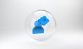 Blue Human head with question mark icon isolated on grey background. Glass circle button. 3D render illustration Royalty Free Stock Photo