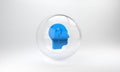 Blue Human head with question mark icon isolated on grey background. Glass circle button. 3D render illustration Royalty Free Stock Photo