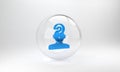 Blue Human head with question mark icon isolated on grey background. Glass circle button. 3D render illustration Royalty Free Stock Photo
