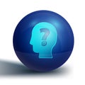 Blue Human head with question mark icon isolated on white background. Blue circle button. Vector Royalty Free Stock Photo