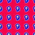 Blue Human with lamp bulb icon isolated seamless pattern on red background. Concept of idea. Vector Royalty Free Stock Photo