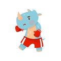 Blue humanized rhinoceros in red boxing gloves. Funny boxer. Active workout. Wild animal with horn on nose. Flat vector