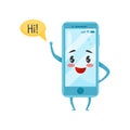 Blue humanized smartphone with funny face waving hand and saying Hi . Cartoon character. Flat vector icon