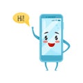 Blue humanized smartphone with funny face waving hand and saying Hi . Cartoon character. Flat vector icon