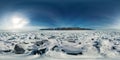 Blue hummocks of ice Baikal at sunset at Olkhon. Spherical vr 360 180 degrees panorama