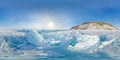 Blue hummocks of winter Lake Baikal in the afternoon under a blue sky. Spherical panorama 360vr Royalty Free Stock Photo