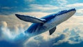 Blue Humpback Whale Flying in a Clear Sky Above the Clouds - Generative Ai