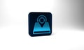 Blue Hunt place icon isolated on grey background. Navigation, pointer, location, map, gps, direction. Blue square button