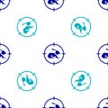 Blue Hunt on rabbit with crosshairs icon isolated seamless pattern on white background. Hunting club logo with rabbit