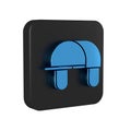 Blue Hunter hat icon isolated on transparent background. Plaid winter hat. Black square button.