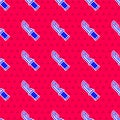 Blue Hunter knife icon isolated seamless pattern on red background. Army knife. Vector