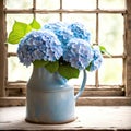 Blue Hydrangea Bouquet In Farmhouse Window