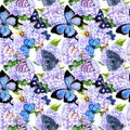 Blue hydrangea flowers, butterflies, bees. Seamless floral pattern. Watercolor.