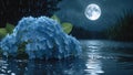 Serene Blue Hydrangea Blooms Under Moonlight Rain Royalty Free Stock Photo