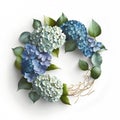 Blue hydrangea round frame on white background. Vector illustration.