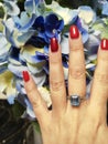 Blue hydrangeas, red acrylic manicure, blue topaz and diamond ring. White gold lover Royalty Free Stock Photo