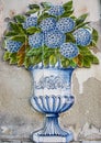 Blue Hydrangeas Tile Art on Wall in Lisbon, Portugal