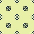 Blue Hypnosis icon isolated seamless pattern on yellow background. Human eye with spiral hypnotic iris. Vector