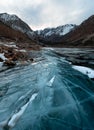 Blue ice cracks on the edge of the lake Royalty Free Stock Photo