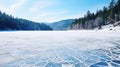 Blue ice and cracks on the surface of the ice. Frozen lake under a blue sky in the winter Royalty Free Stock Photo