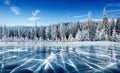 Blue ice and cracks on the surface of the ice. Frozen lake under a blue sky in the winter. The hills of pines. Winter Royalty Free Stock Photo