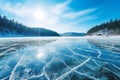 Blue ice and cracks on the surface of the ice. Frozen lake under a blue sky in the winter. The hills of pines. Winter Royalty Free Stock Photo