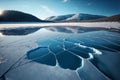 Blue ice and cracks on the surface of the ice. Frozen lake under a blue sky in the winter. Generative AI illustration. Royalty Free Stock Photo