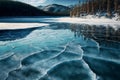 Blue ice and cracks on the surface of the ice. Frozen lake under a blue sky in the winter. Generative AI illustration. Royalty Free Stock Photo