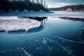 Blue ice and cracks on the surface of the ice. Frozen lake under a blue sky in the winter. Generative AI illustration. Royalty Free Stock Photo