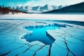 Blue ice and cracks on the surface of the ice. Frozen lake under a blue sky in the winter. Generative AI illustration. Royalty Free Stock Photo