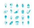 Blue ice cream icons. Simple flat set of frozen balls of yoghurt parfait sorbet. Vector cold summer desserts in cones