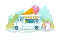 Blue ice cream truck in retro style on cityscape. Popsicle wheeled cafe banner design. Ice car cartoon illustration