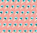 Blue ice cream waffle cone pattern on coral background