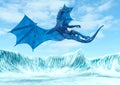 Blue ice dragon falling on frozen land