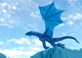 Blue ice dragon passing by on frozen land side view