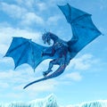 Blue ice dragon ready to attack on frozen land