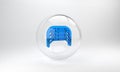 Blue Ice hockey goal with net for goalkeeper icon isolated on grey background. Glass circle button. 3D render