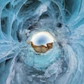 Blue ice of Lake Baikal, the cliffs of the island of Olkhon. Tiny planet 360vr panorama Royalty Free Stock Photo