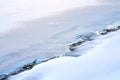 Blue ice meets white snow. The icy surface of a lake meets the snow-covered lake shore. Royalty Free Stock Photo