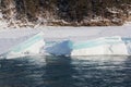 Blue ice on the thawing river in the spring, Altai