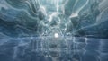Blue ice tunnel crystal cave with water sea futuristic corridor