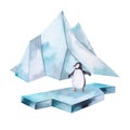 Blue iceberg and ice floes with penguins watercolor illustration isolated on white background. Northern sea element.