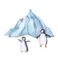 Blue iceberg and penguins watercolor illustration isolated on white background. Northern sea element.