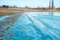 Blue iced frozen lake river on winter cold beach